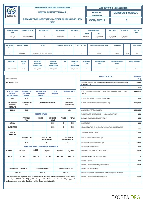 Facture de service d'électricité de la société d'électricité Hindi Uttarakhand Formats Word et PDF